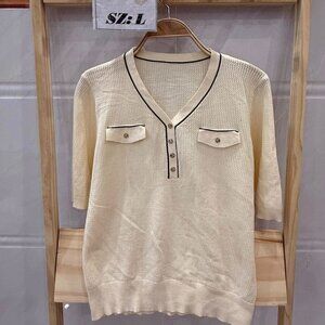 Cream V-Neck Knit Top Black Trim Gold Button Chic Tee